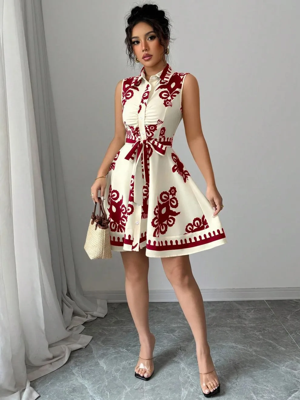 Printed Sleeveless Button Front Dress, image 2