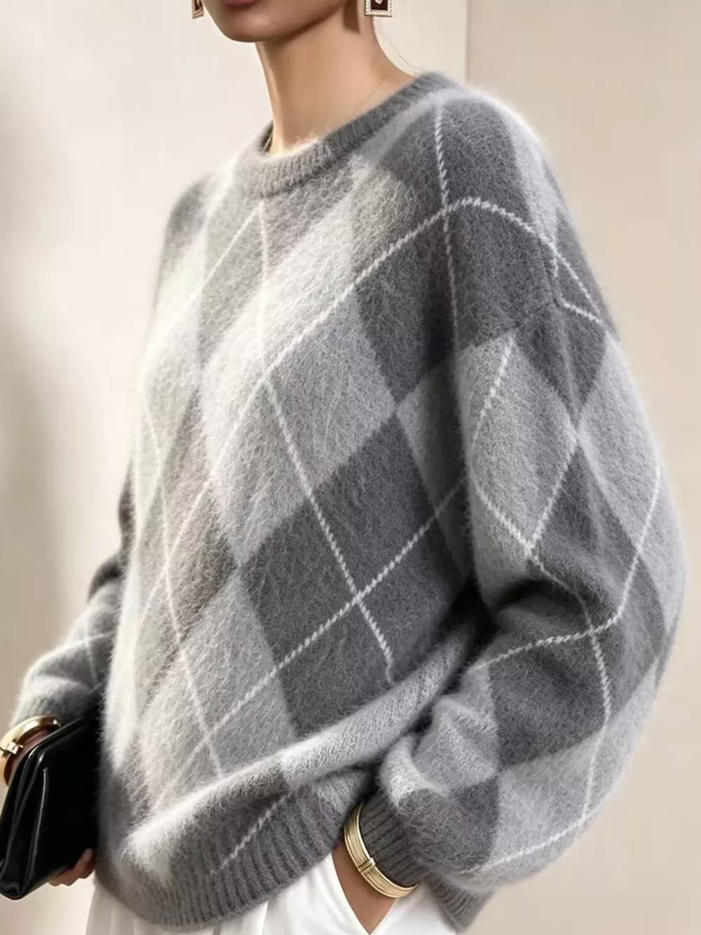 Argyle Pattern Fuzzy Knit Sweater, image 21