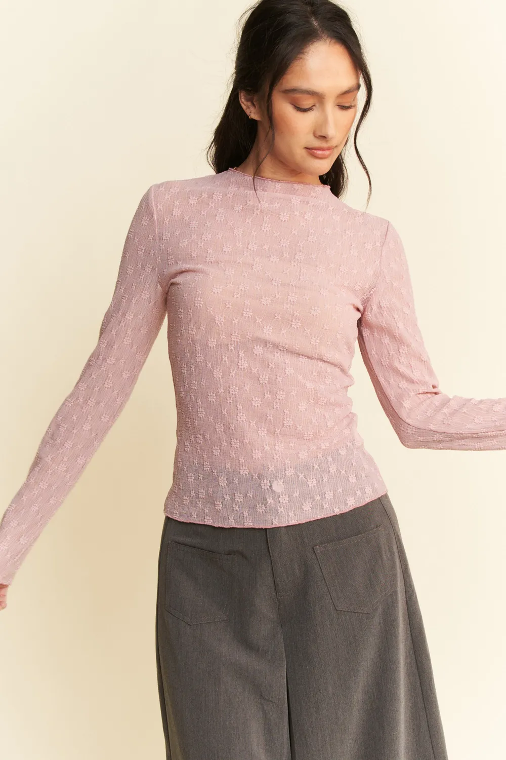 Long Sleeve Sheer Small Embroidered Bows Lace Top
