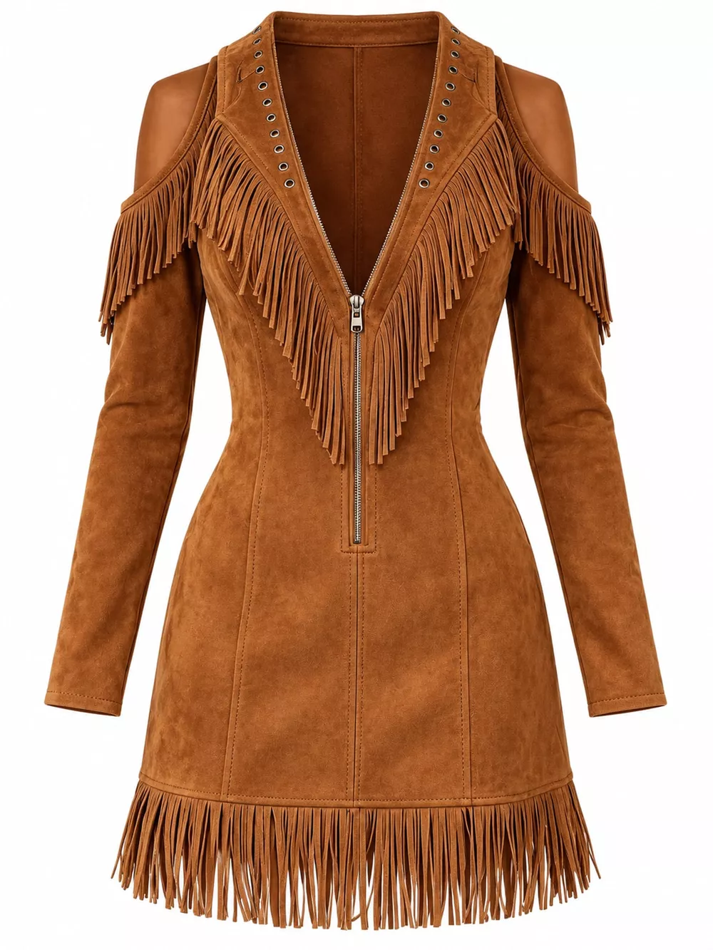 Full Size Fringed Cold-Shoulder Zip-Front Mini Dress Plus Size, image 20