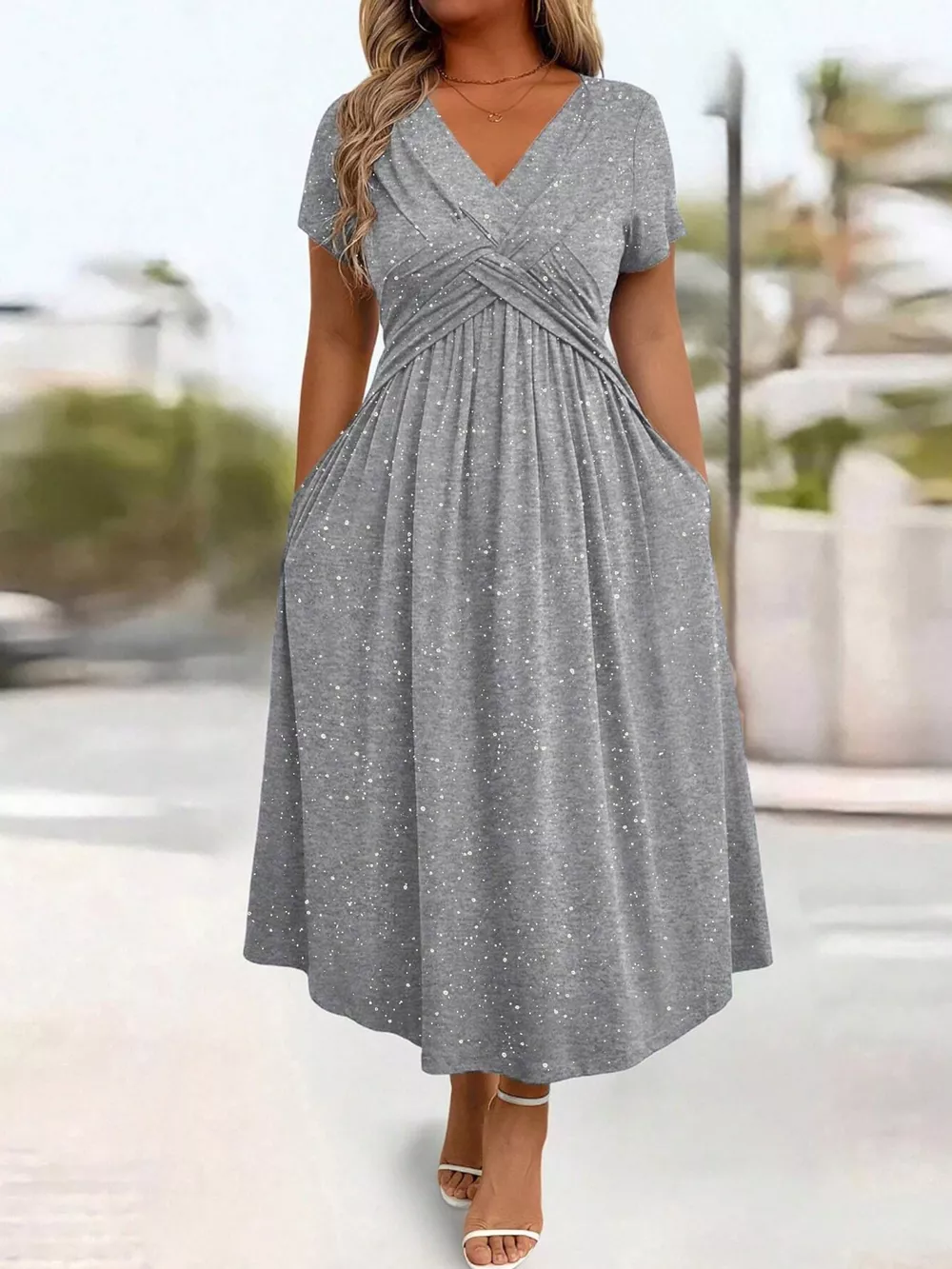 Full Size Twisted Front Short Sleeve Midi Dress with Pockets Plus Size, image 17