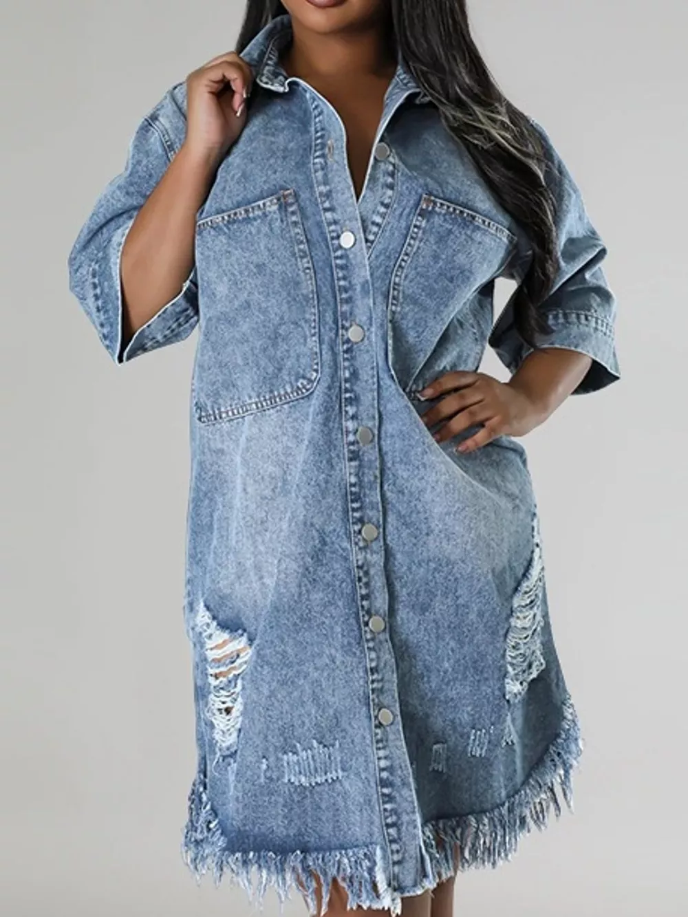 Plus Size Distressed Frayed Hem Button-Down Denim Dress, image 11