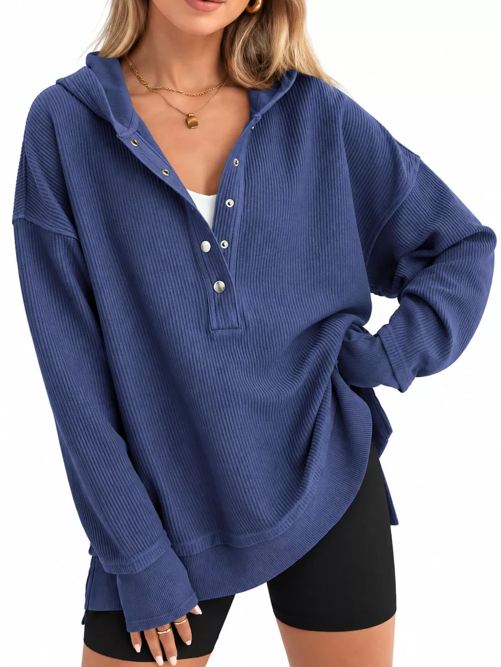 Full Size Snap Button Placket Dropped Shoulder Hoodie Plus Size, image 15