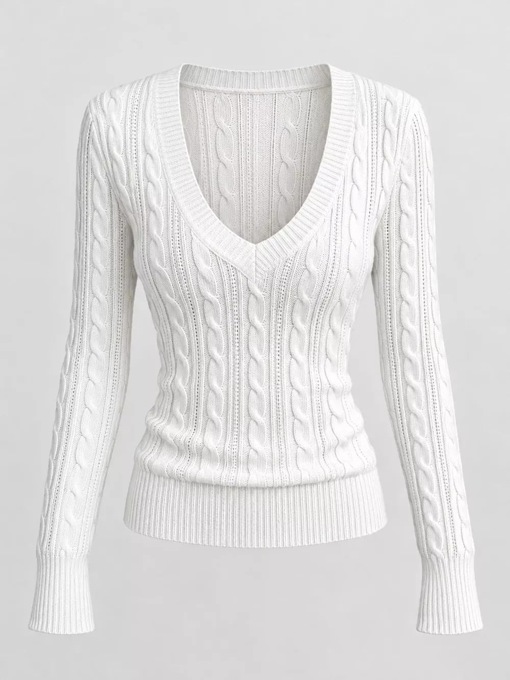 Slim-Fit Deep V-Neck Cable Knit Sweater, image 6