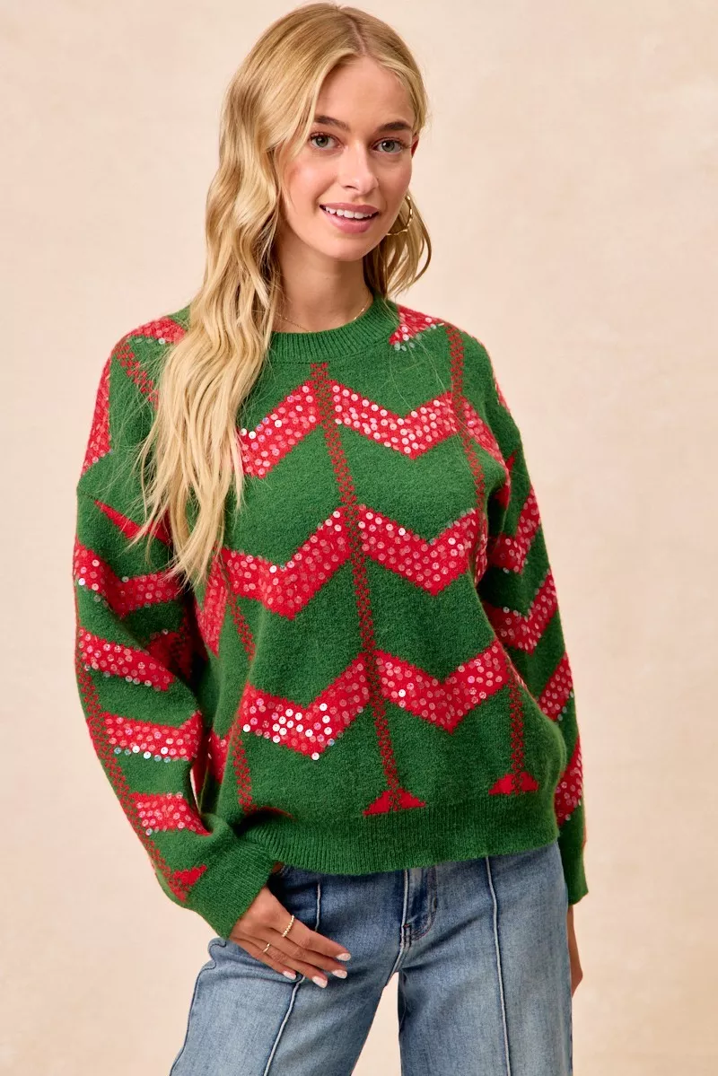 Christmas Theme Chevron Sequins Detail Sweater, image 3