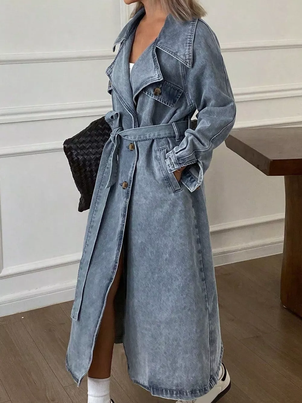 Vintage Washed Longline Denim Trench Jacket, image 2