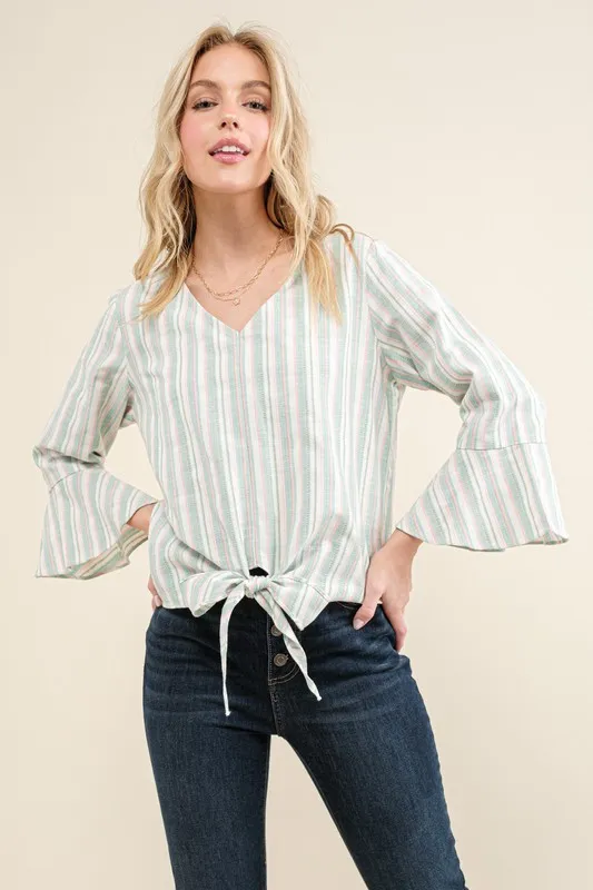 Stripe Tie Knot Front Bell Sleeve Top, image 3
