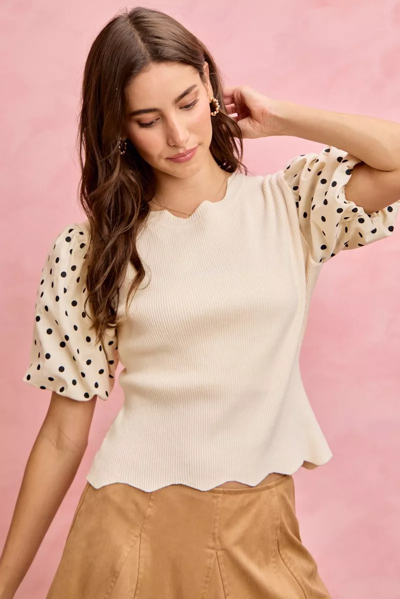 Polka Dot Contrast Woven Ballon Sleeve Blouse, image 4