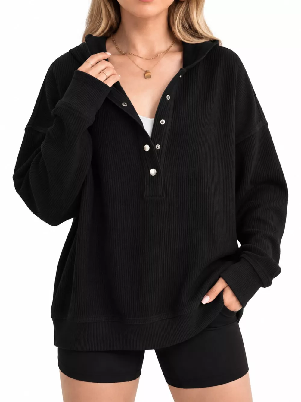 Full Size Snap Button Placket Dropped Shoulder Hoodie Plus Size, image 11