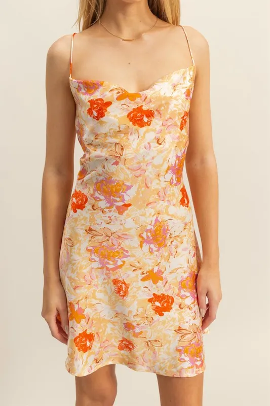 Floral Cowl Neck Flirty Satin Mini Dress, image 5