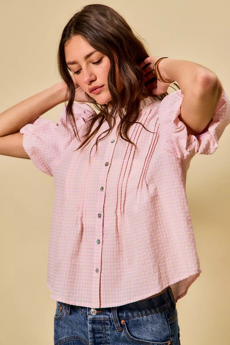 Gingham Lace Trim Button Bubble Sleeves Blouse, image 3