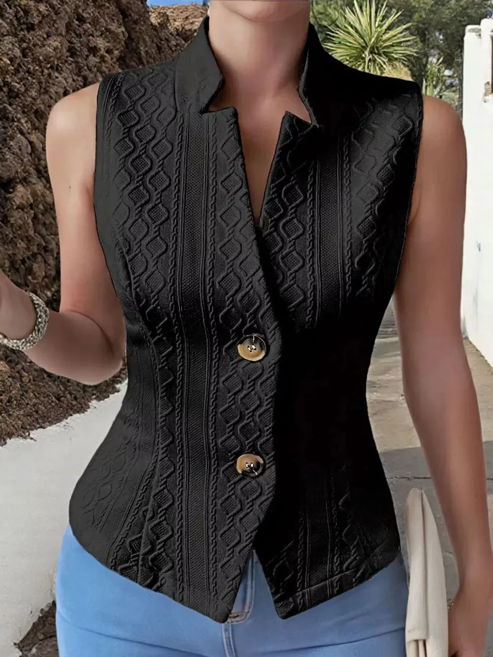 Textured Slim-Fit Button-Down Vest Coat