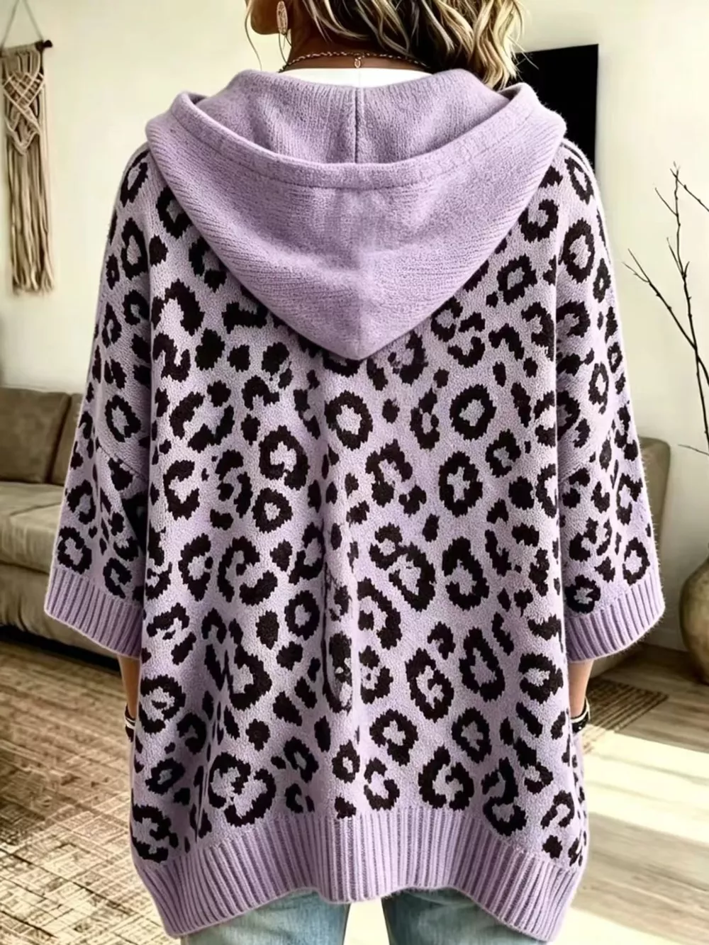 Full Size Leopard Print Hooded Knit Sweater Plus Size, image 11