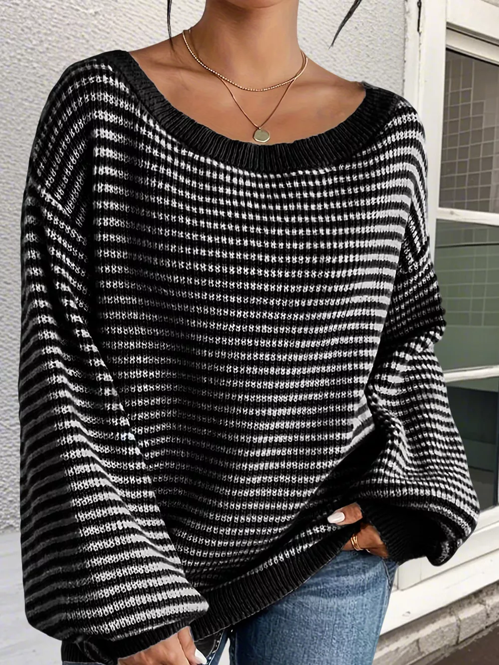 Striped Knit Boat Neck Sweater, image 15