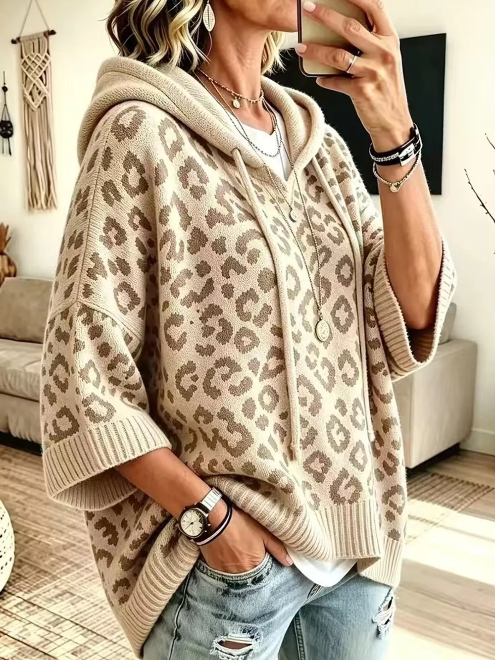 Full Size Leopard Print Hooded Knit Sweater Plus Size, image 24