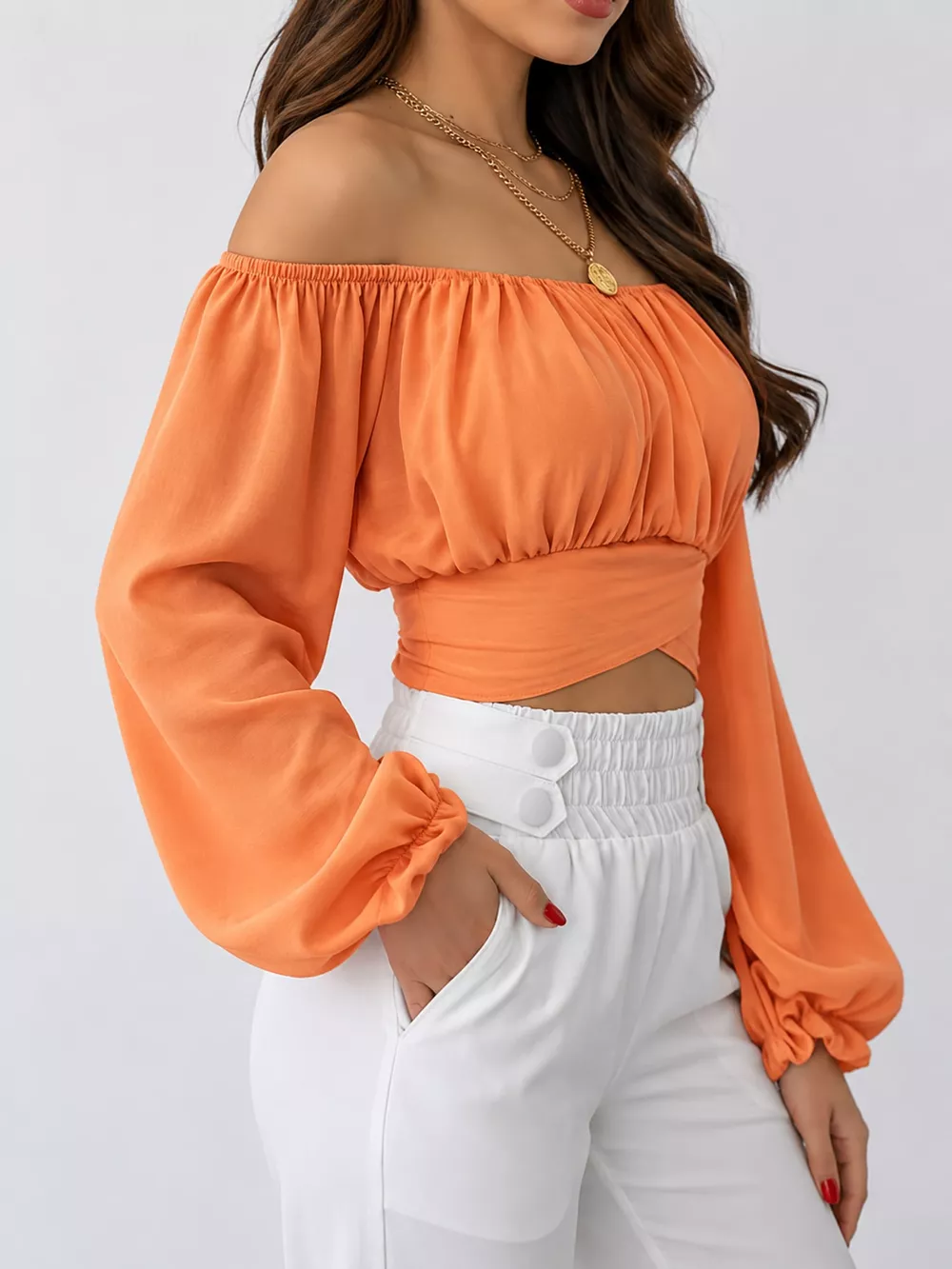 Off-Shoulder Long Sleeve Cropped Blouse, image 7