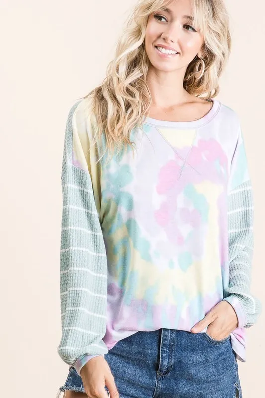 Tie Dye Terry Top with Wide Stripe Thermal Waffle, image 5