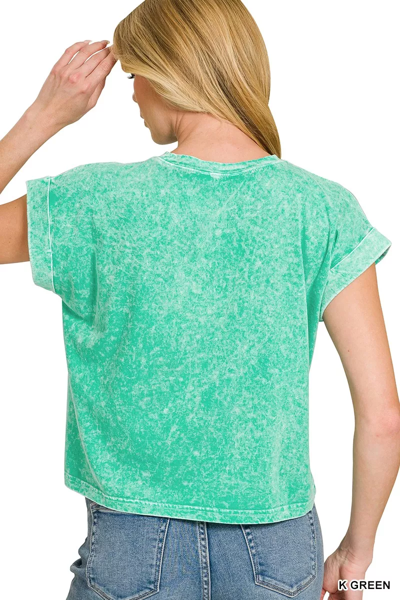 Halo Snow Washed Cotton Cuffed Short Sleeve Top, image 3