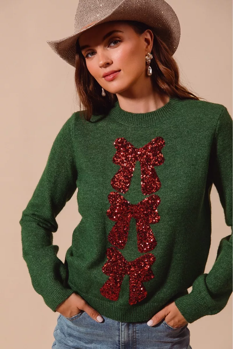 Sequins Bow Ribbon Embellished Christmas Sweater, image 2