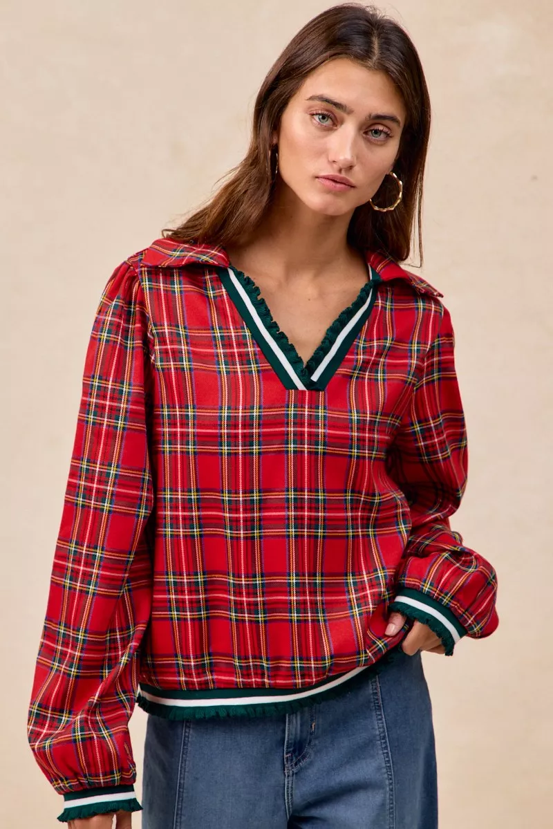 Christmas Plaid Collared Top with Ruffled Detail, image 12