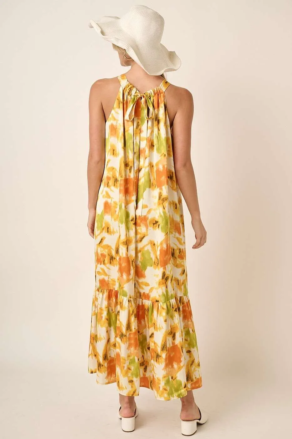 Watercolor Print Halter Neck Satin Maxi Dress, image 2