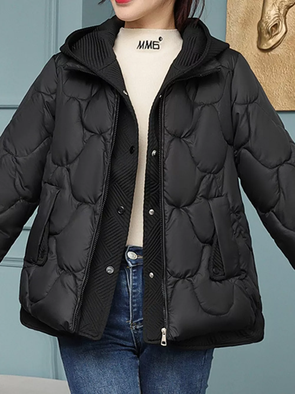 Plus Size Quilted Hooded Puffer Jacket with Snap-Button Closure, image 5