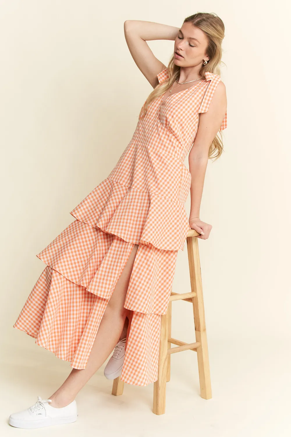 Sleeveless Gingham Print Tiered Midi Dress, image 12