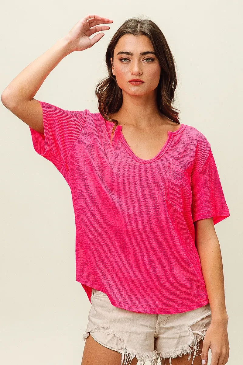 Waved Rib U Neck Top With Front Pocket, image 5