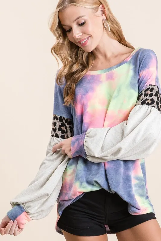 Tie Dye Terry Top with Contrast Puff Sleeves, image 3