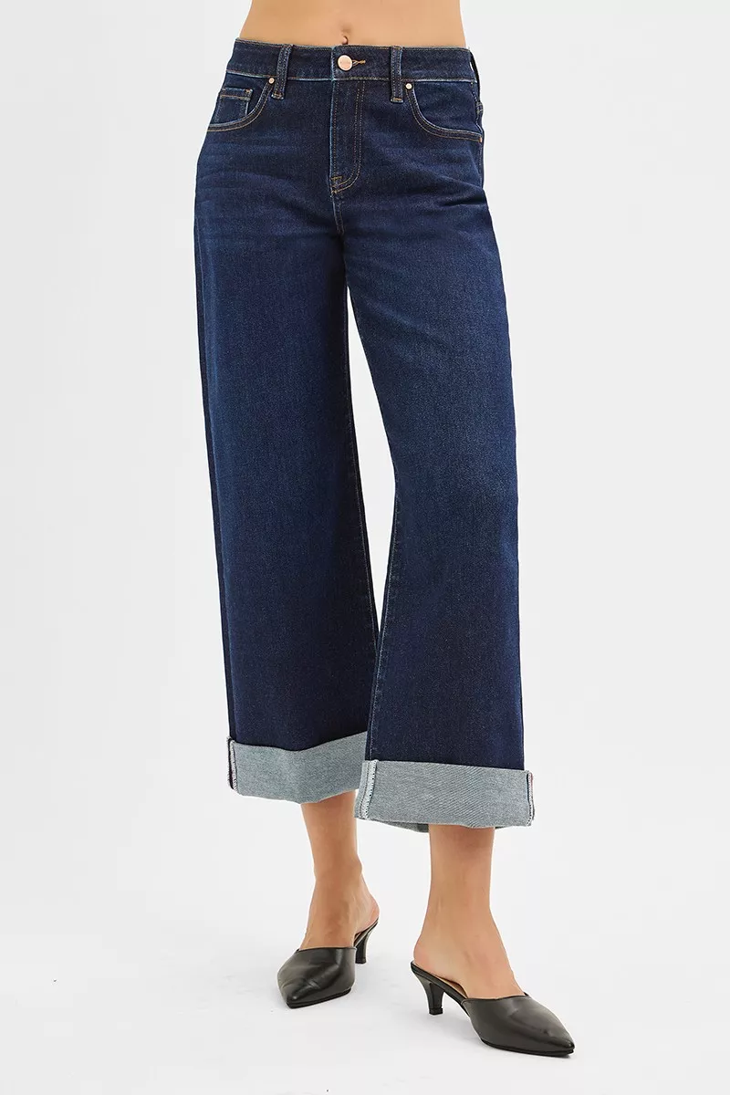 Mid Rise Fit Ankle Wide Roll Up Jeans, image 2