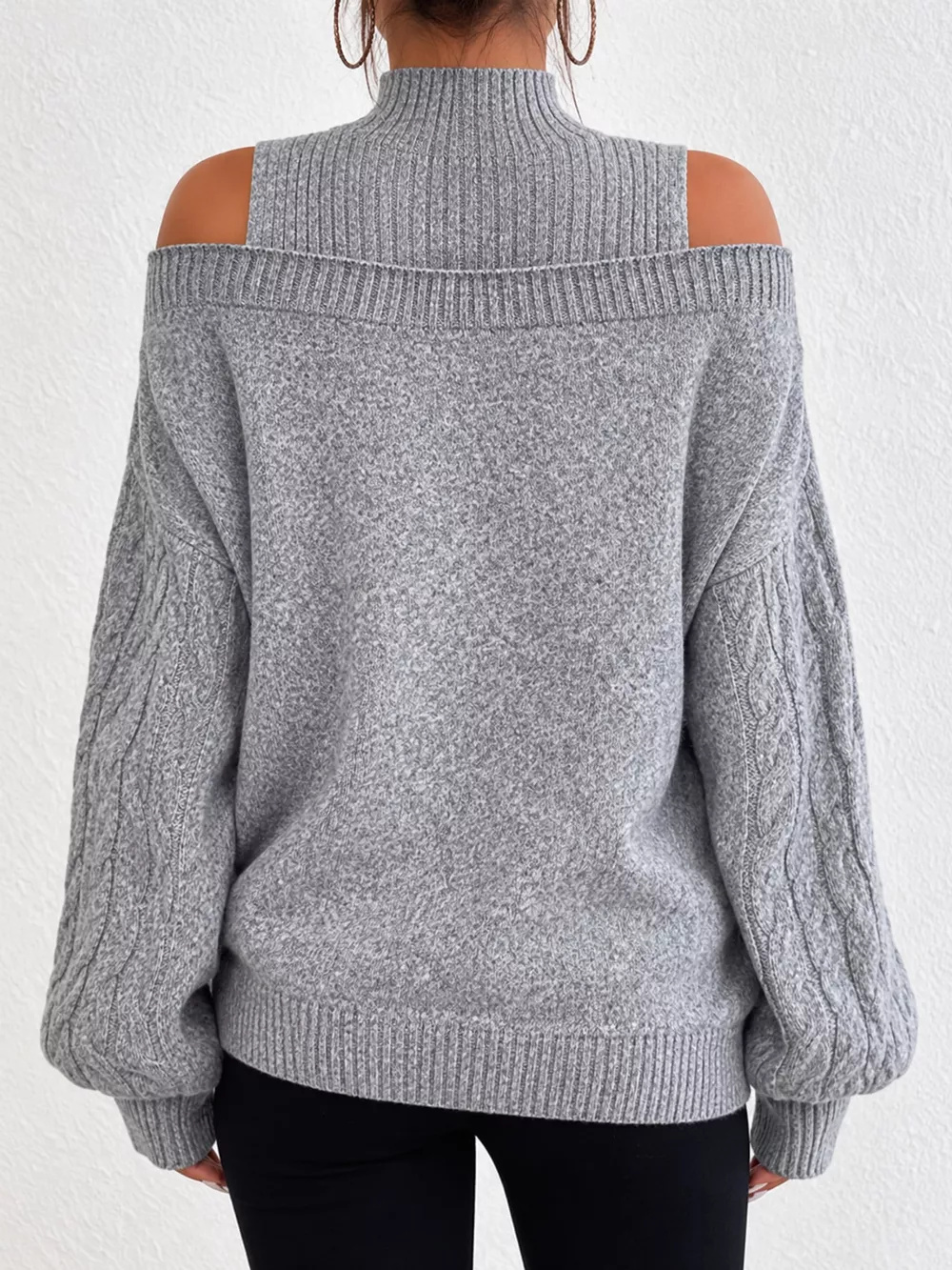 Full Size Cold Shoulder Mock Neck Cable Knit Sweater Plus Size, image 2