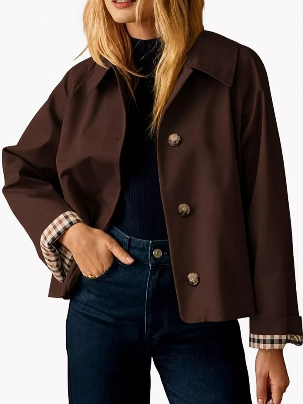 Plaid Cuffs Cropped Trench Outerwear, image 11