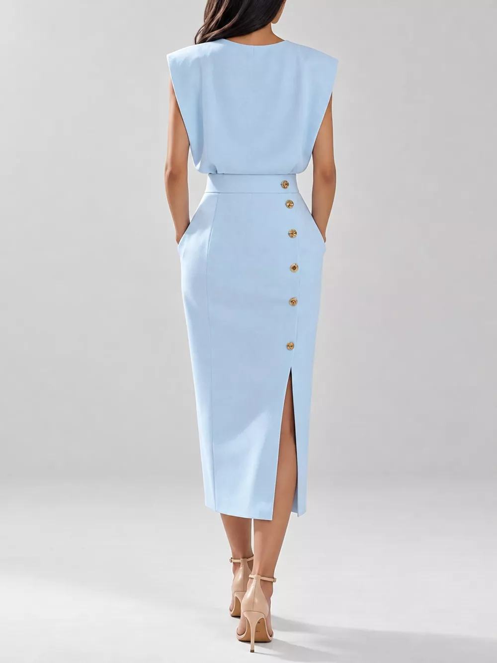 Sleeveless Midi Dress with Gold Button Detail and Side Slit, image 28