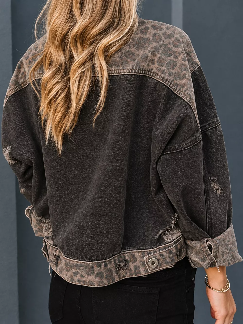 Full Size Distressed Leopard Dropped Shoulder Denim Jacket Plus Size, image 3