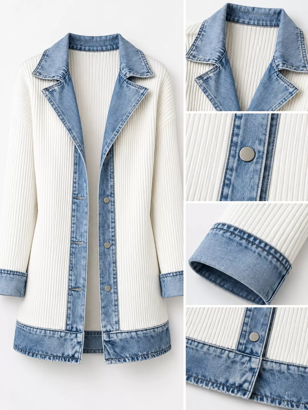 Full Size Denim Trim Ribbed Knit Cardigan Plus Size, image 17