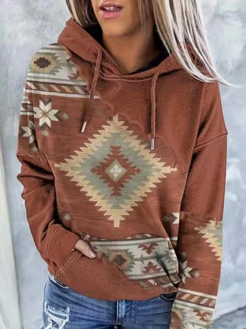 Full Size Aztec Print Hoodie with Kangaroo Pocket Plus Size, image 7