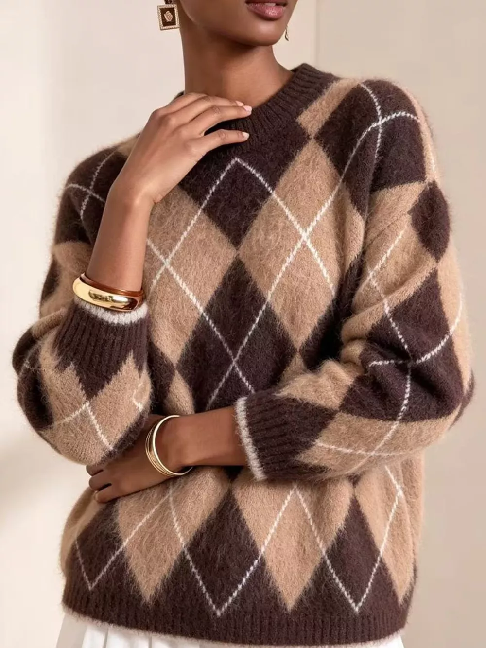 Argyle Pattern Fuzzy Knit Sweater, image 6