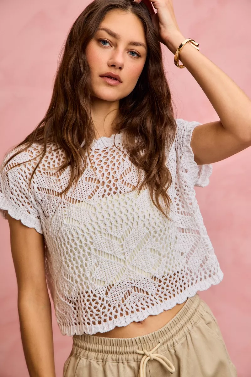 Crochet Scallop Edge Short Sleeves Knit Cover Up, image 4