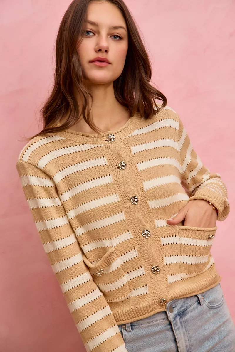 Stripe Long Sleeves Button Sweater Cardigan, image 16