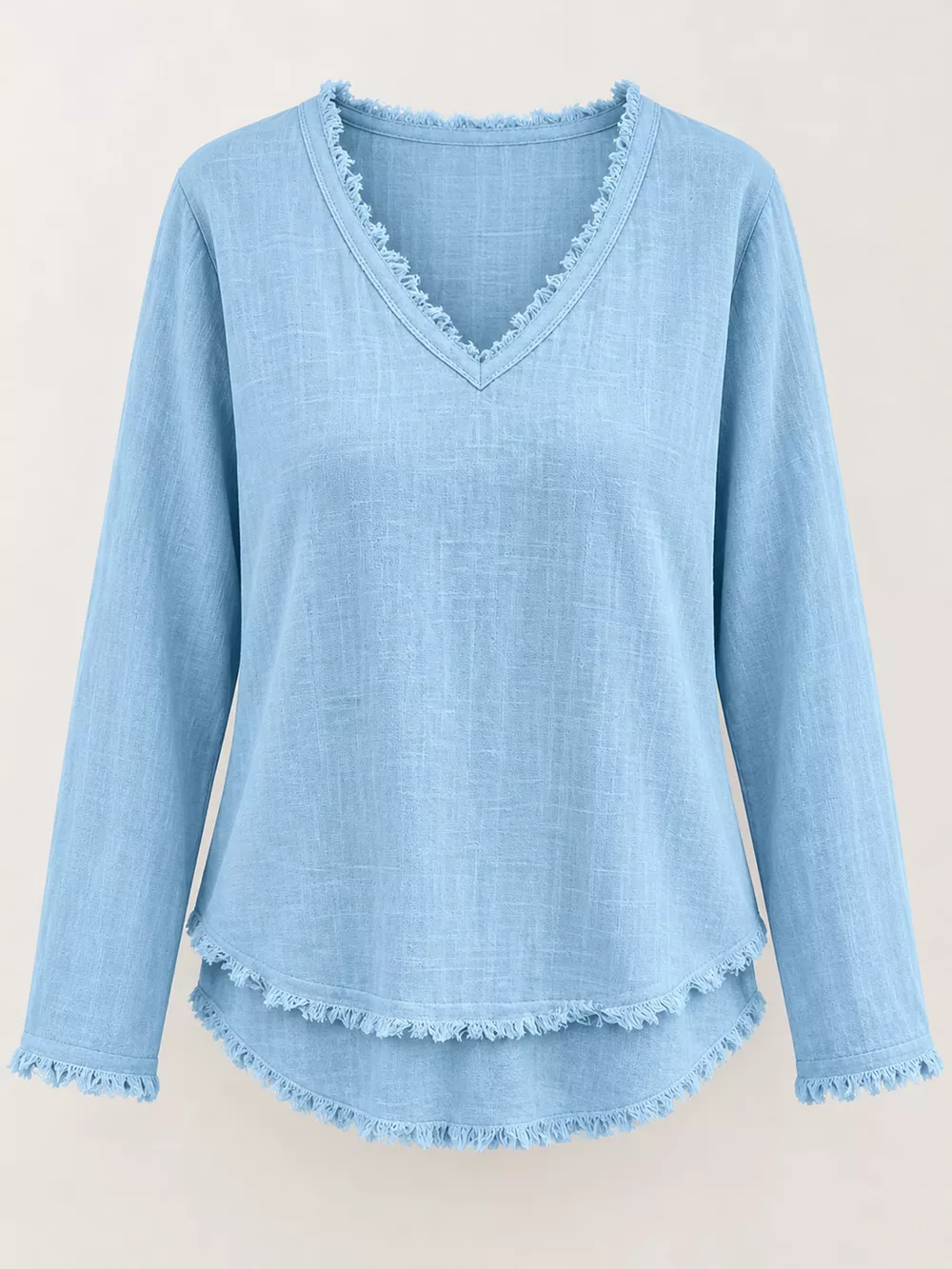 Full Size Frayed Hem V-Neck Long Sleeve Blouse Plus Size, image 14