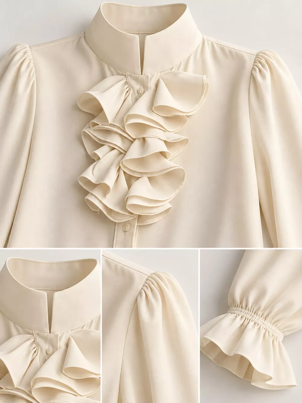 Ruffled Stand-Collar Blouse with Long Lantern Sleeves, image 30