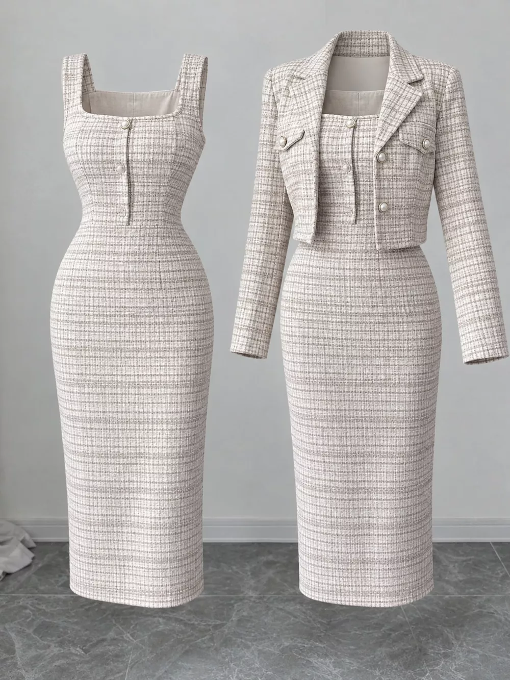 Tweed Square Neck Dress and Cardigan Set, image 16