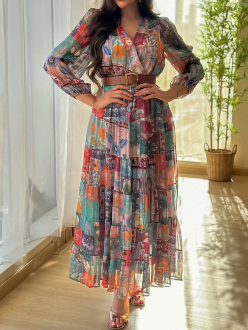 Printed Surplice Long Sleeve Maxi Dress, image 2