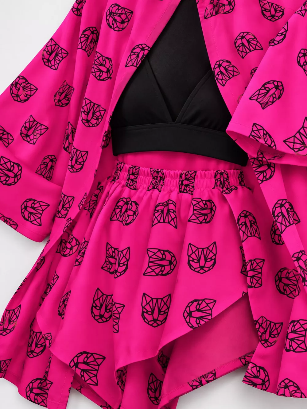Geometric Cat Print Cardigan and Shorts Lounge Set, image 27