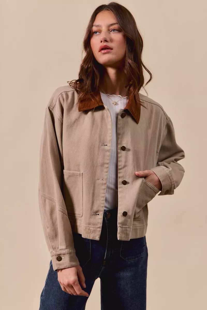 Cotton Twill Cropped Barn Jacket wtih Collar