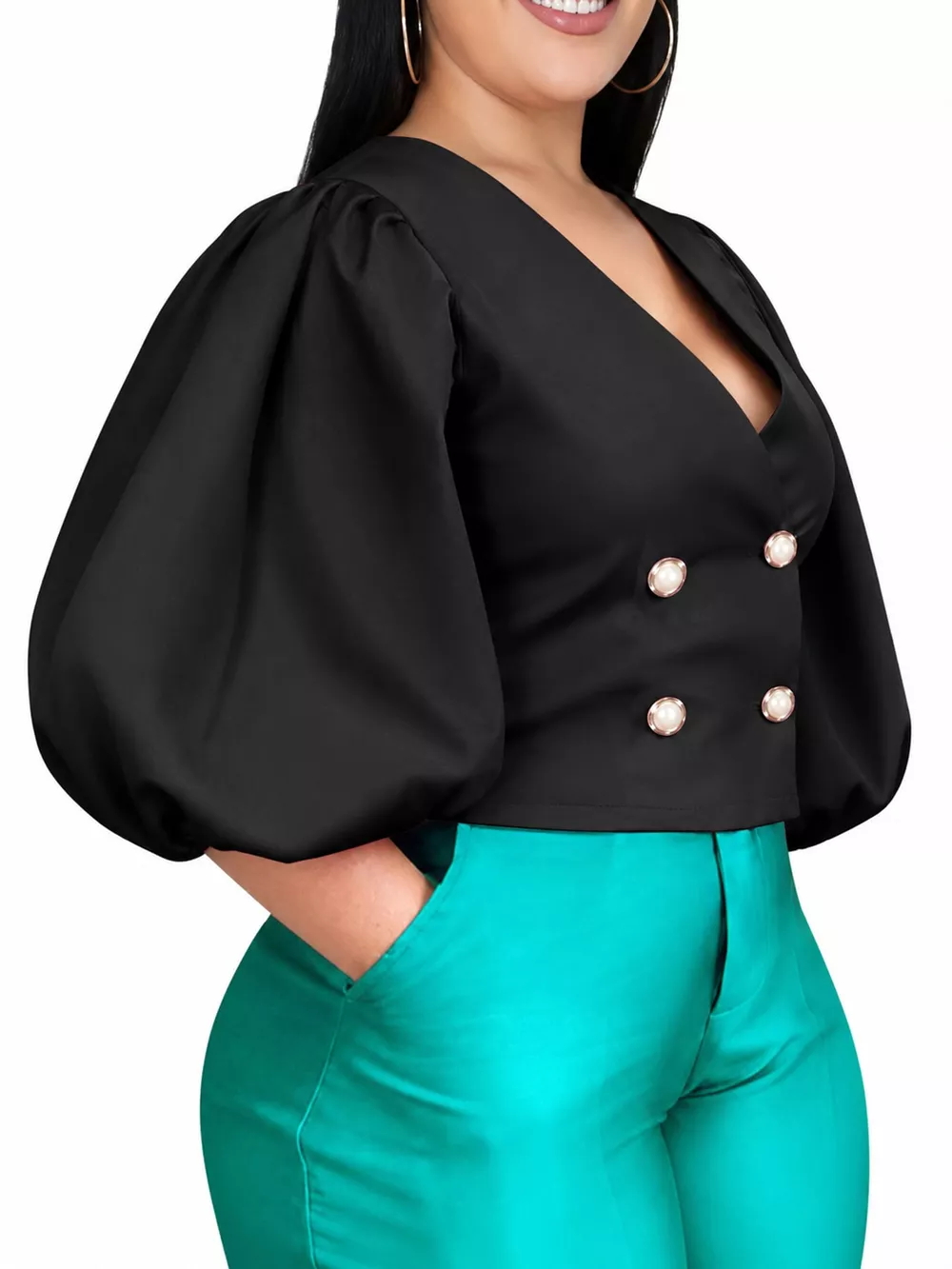 Full Size Double-Breasted Puff Sleeve Blouse Plus Size, image 14