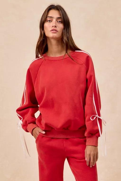Side Lined Bow Details Fleece Sweatshirt, image 3