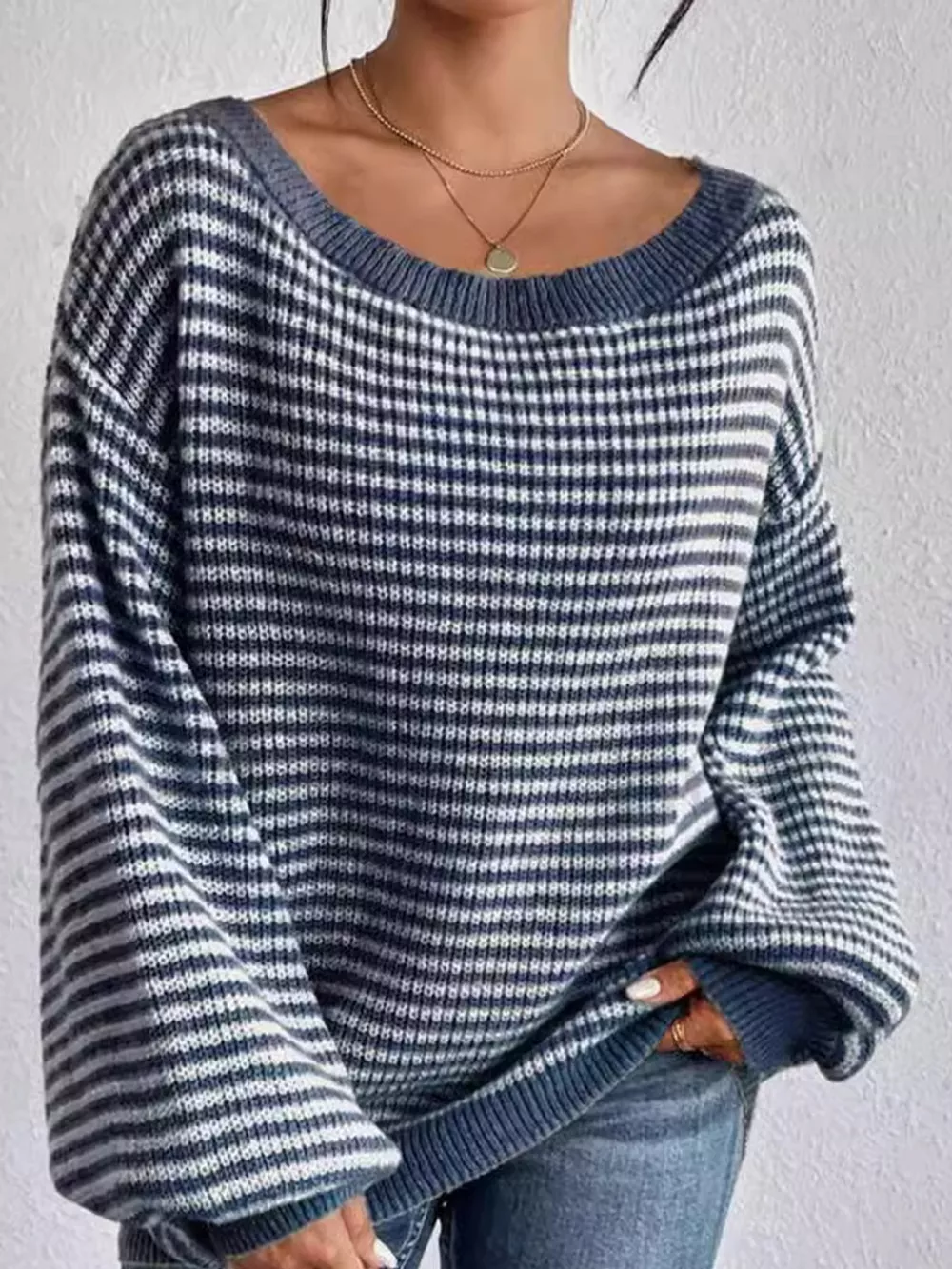 Striped Knit Boat Neck Sweater, image 6