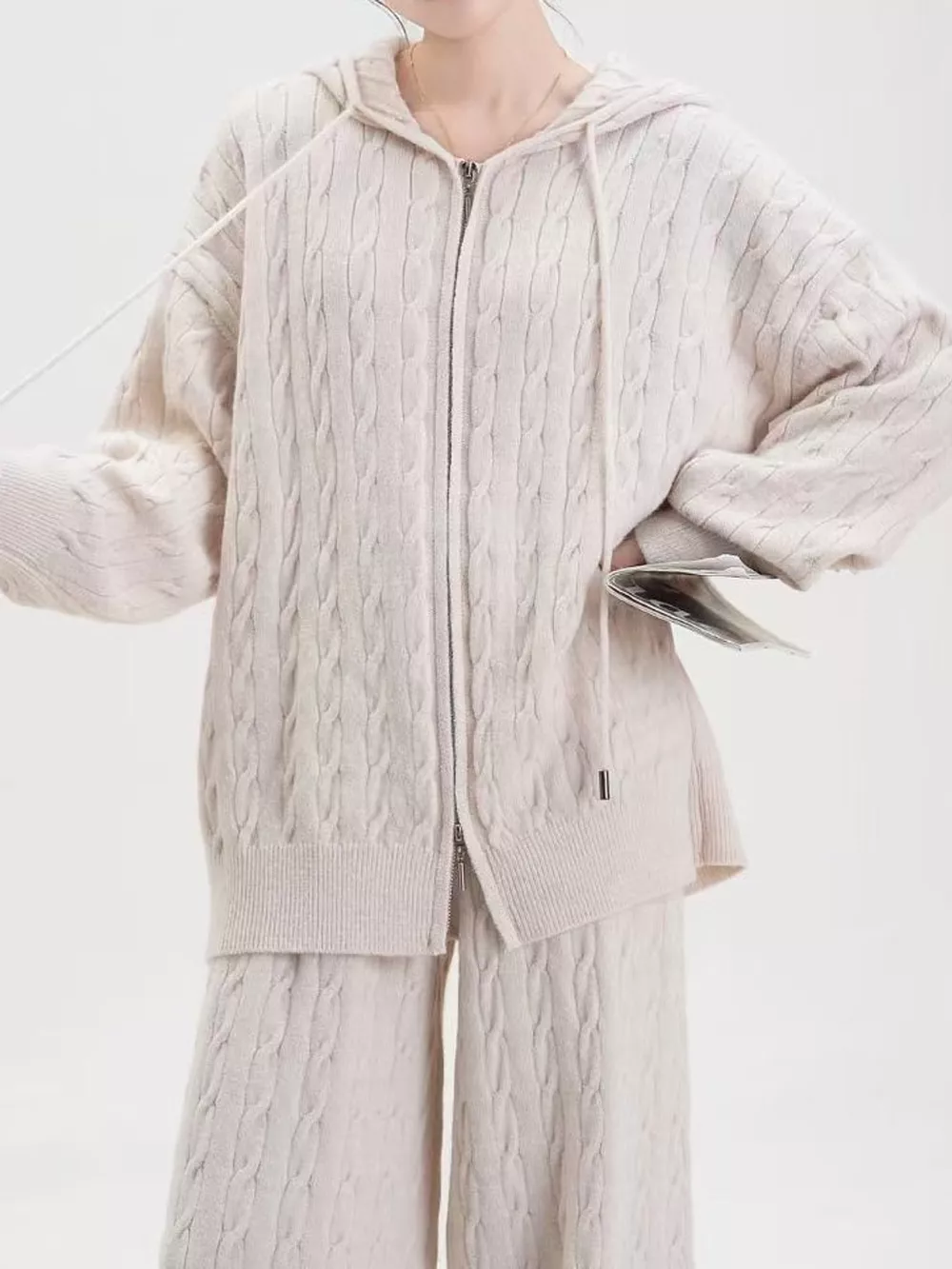 Cable Knit Zip-Up Hooded Cardigan and Wide-Leg Pants Sweater Set, image 8