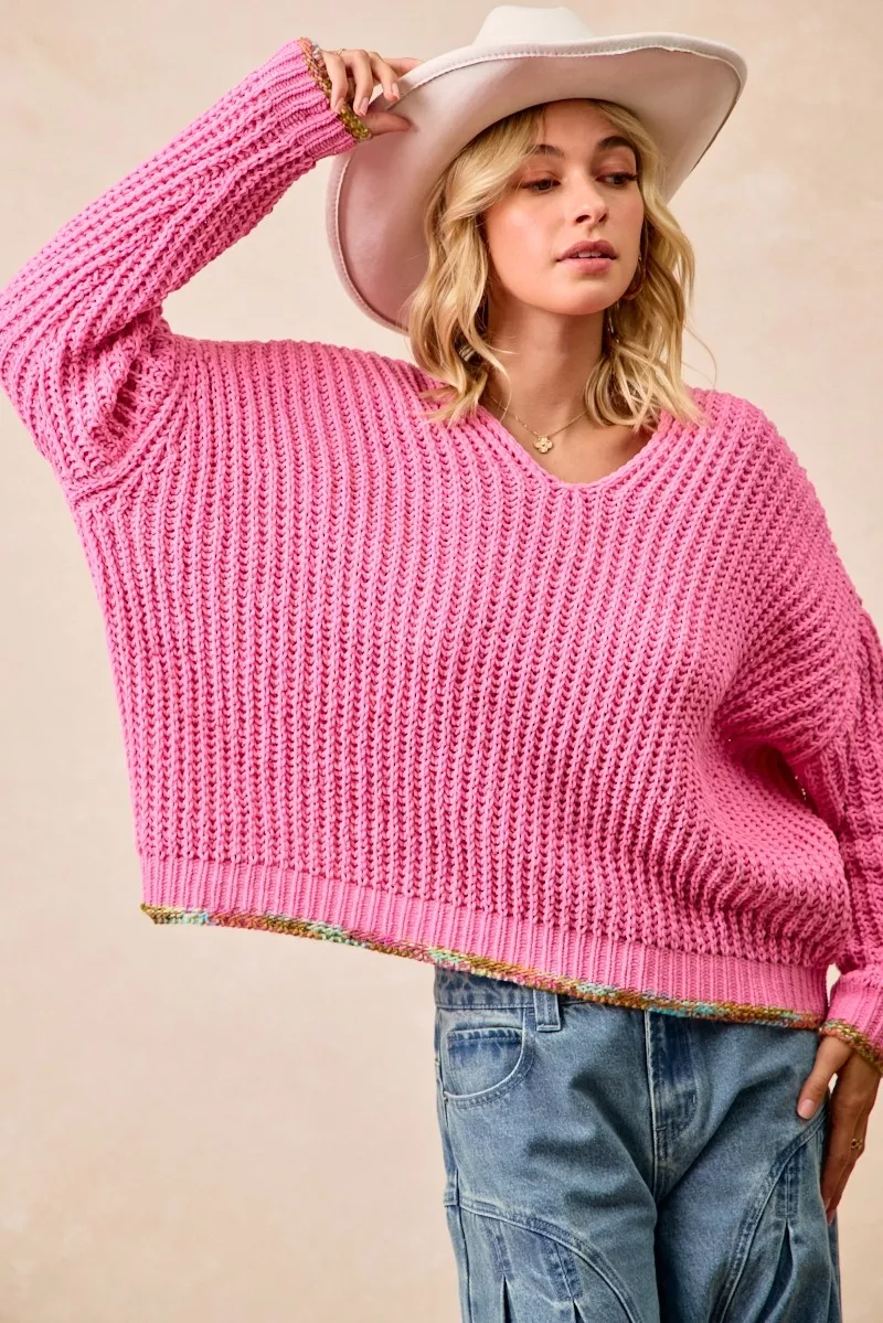 V-Neck Sweater with Colorful Trim, image 2